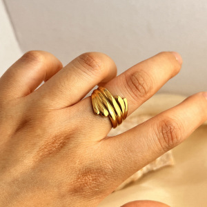 Bague Ajustable Pour Femme, Collection Simple Stripe, En Acier Inoxydable, Couleur Or, Étanche (1 Pièce). h5 Image4
