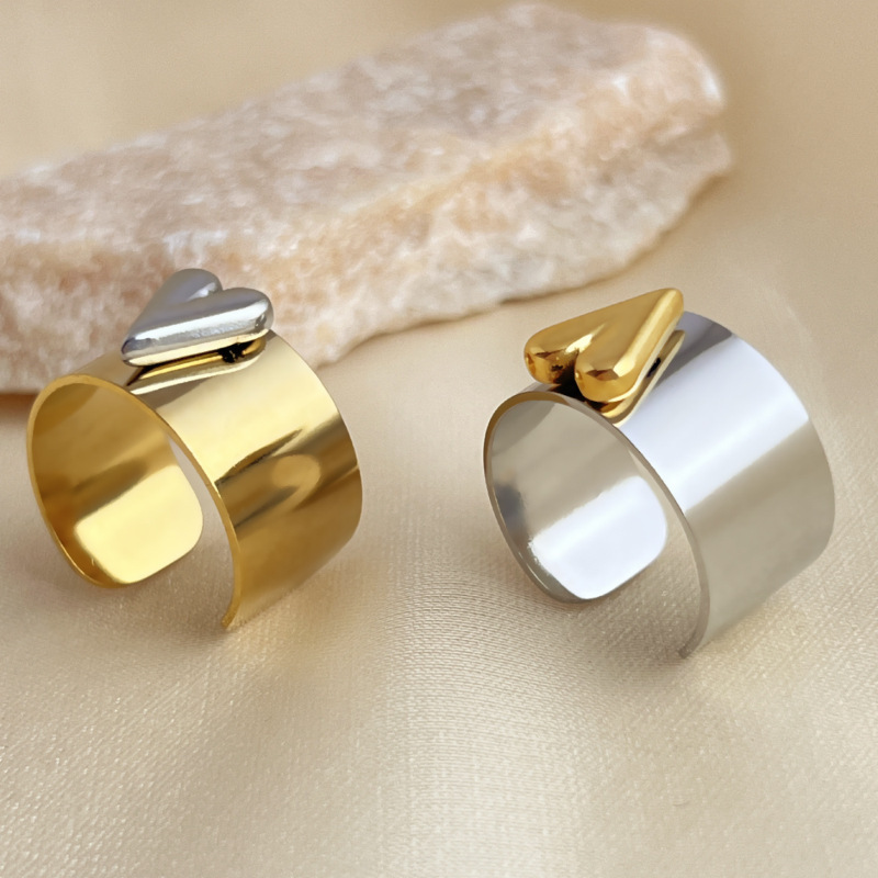 Bague Ajustable Pour Femme, En Acier Inoxydable Étanche, Motif Cœur, Couleurs Assorties (1 Pièce). Image3