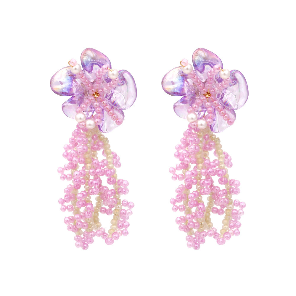 1 Paire De Boucles D'Oreilles Romantiques À Perles Et Pompons Floraux. 