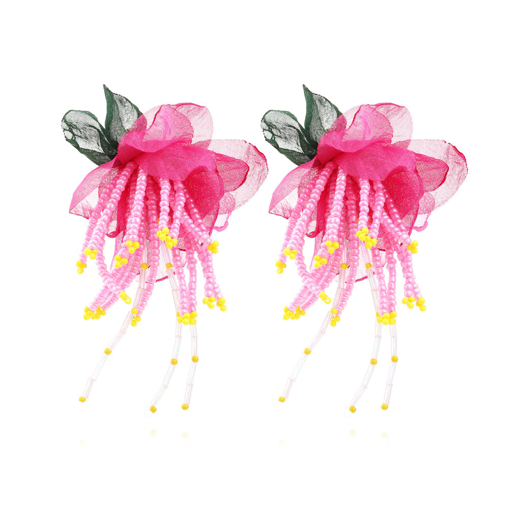 1 Paire De Boucles D'Oreilles À Pompons En Tissu Et Perles En Forme De Fleur