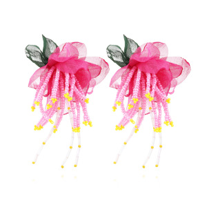 1 Paire De Boucles D'Oreilles À Pompons En Tissu Et Perles En Forme De Fleur h5