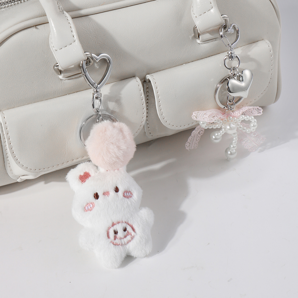 1 Breloque Pour Sac En Forme De Cœur Avec Nœud Et Lapin En Peluche Blanche Mignonne h5Image3