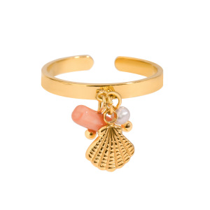 Bague Ajustable Pour Femme, Style Bohème, En Acier Inoxydable, Couleur Or, Ornée D'Une Perle Artificielle Et Ornée D'Une Tortue (1 Pièce). h5 Image4