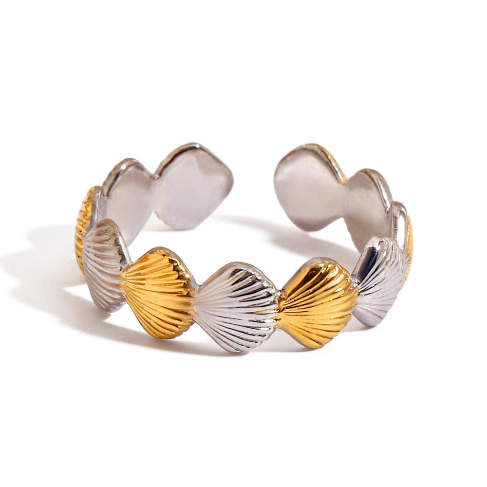 Bague Ajustable Pour Femme, En Acier Inoxydable Étanche, Avec Motif Coquillage, Or Et Argent (1 Pièce). Image4