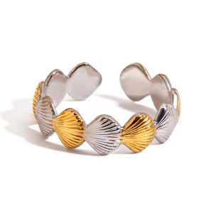 Bague Ajustable Pour Femme, En Acier Inoxydable Étanche, Avec Motif Coquillage, Or Et Argent (1 Pièce). h5 Image4