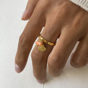 Bague Ajustable Pour Femme, Style Bohème, En Acier Inoxydable, Couleur Or, Ornée D'Une Perle Artificielle Et Ornée D'Une Tortue (1 Pièce). h5 Image3