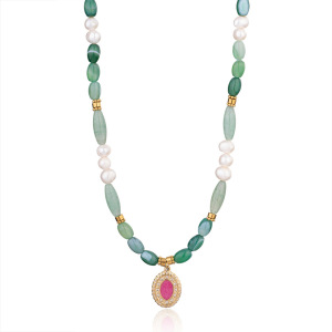 Collier De Perles Élégant Pour Femme, Collection Sophistiquée, En Acier Inoxydable, Couleur Or, Imperméable, Avec Cristal Vert (1 Pièce). h5 Image6