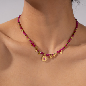 Collier Pendentif Femme En Acier Inoxydable Doré, Pierre Naturelle Rose, Style Rétro Cercle, Collection Intricate Series (1 Pièce) h5 Image2