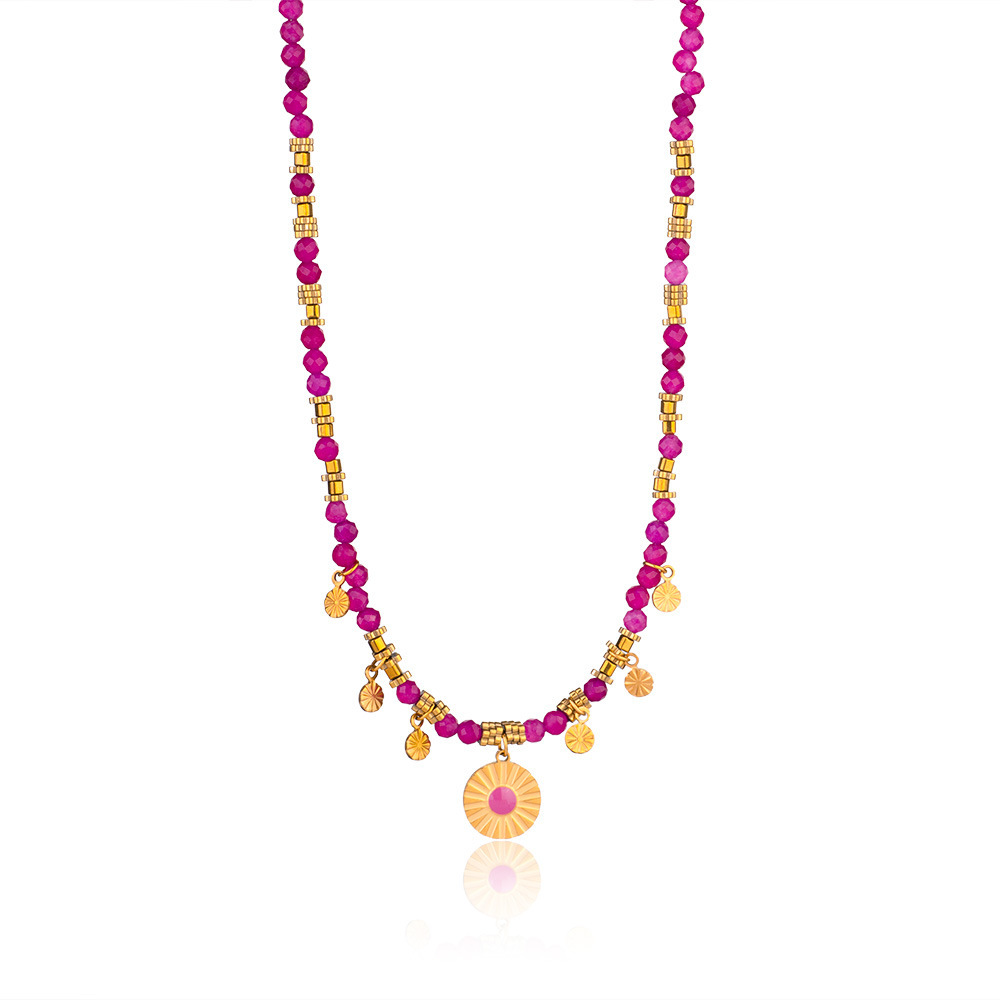 Collier Pendentif Femme En Acier Inoxydable Doré, Pierre Naturelle Rose, Style Rétro Cercle, Collection Intricate Series (1 Pièce) Image5
