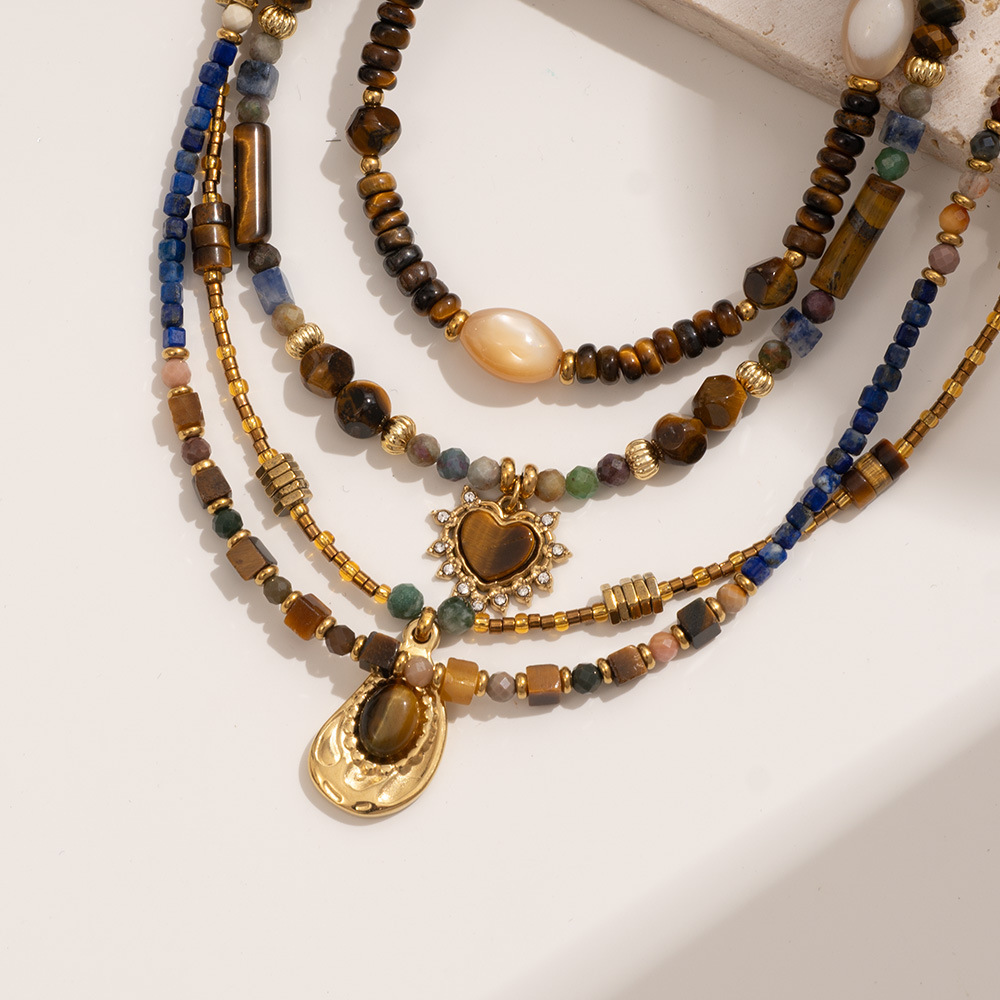 Collier De Perles Pour Femme, Style Bohème Classique, En Acier Inoxydable Imperméable, Orné De Pierres Naturelles Œil-De-Tigre (1 Pièce) Image4