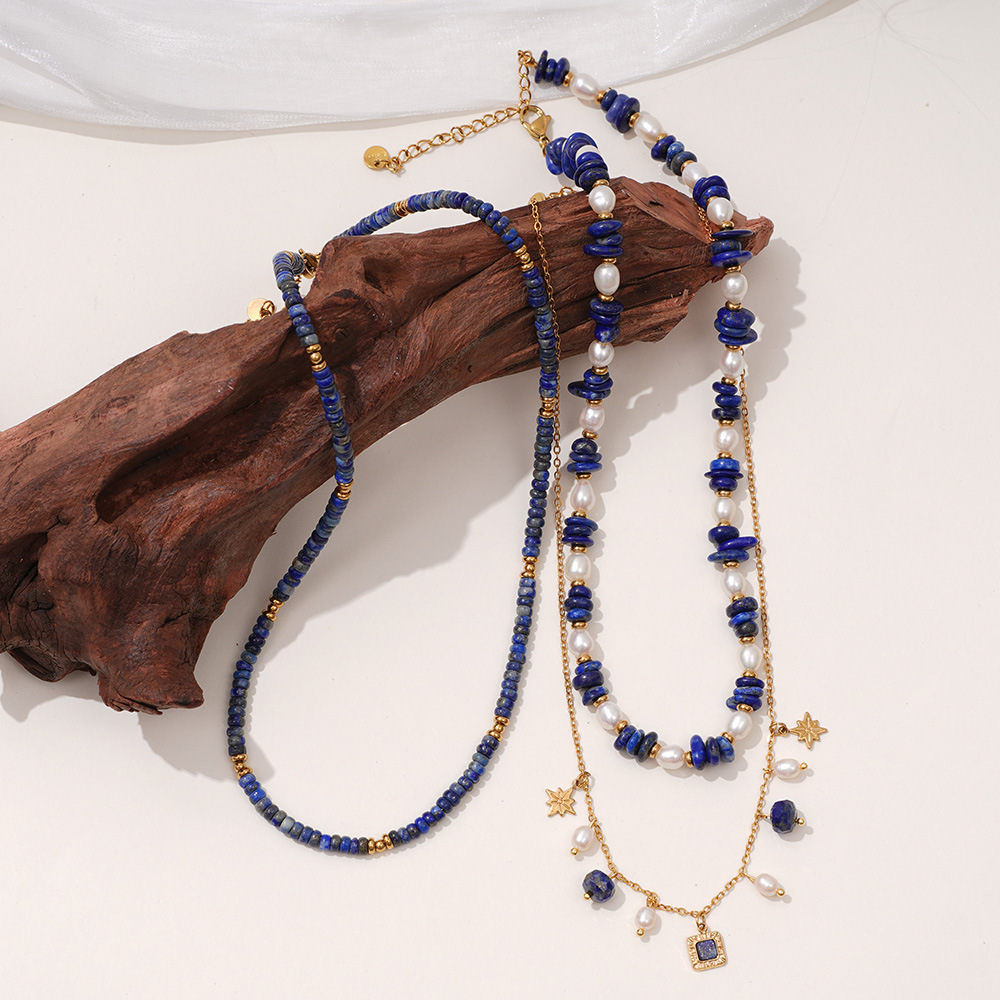 Collier De Perles Pour Femme, Collection Bohème Sophistiquée, En Acier Inoxydable, Couleur Or, Imperméable, Orné De Pierres Naturelles Bleues. h5Image3