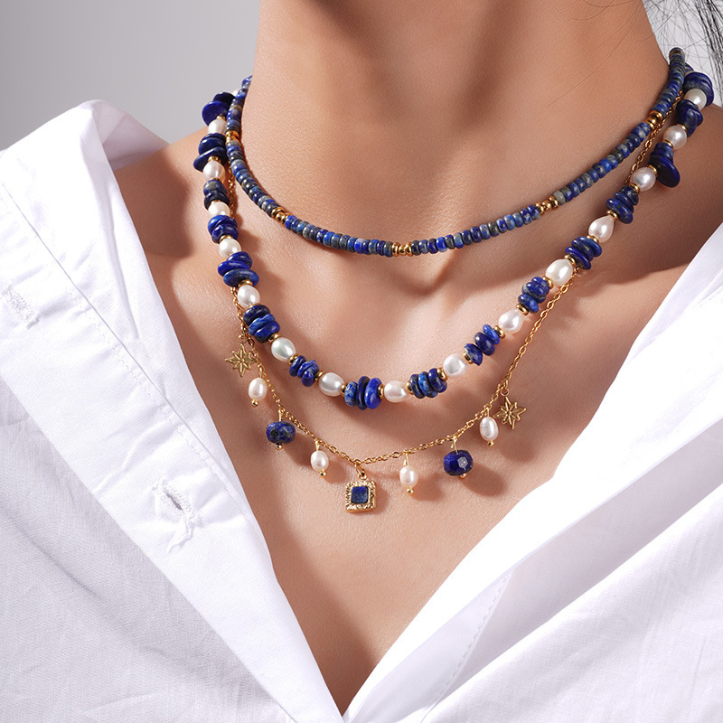 Collier De Perles Pour Femme, Collection Bohème Sophistiquée, En Acier Inoxydable, Couleur Or, Imperméable, Orné De Pierres Naturelles Bleues. Image2