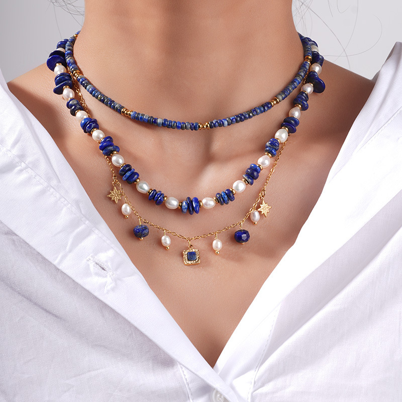 Collier De Perles Pour Femme, Collection Bohème Sophistiquée, En Acier Inoxydable, Couleur Or, Imperméable, Orné De Pierres Naturelles Bleues. h5Image6