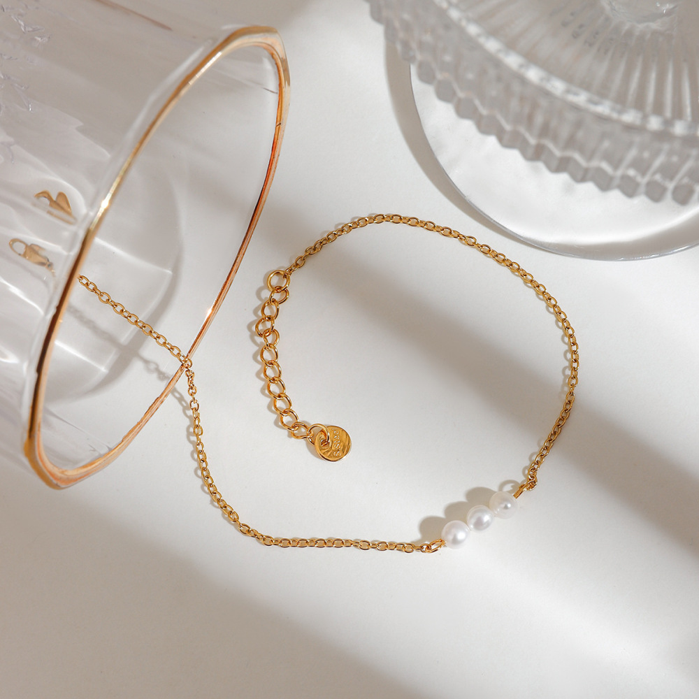 Bracelet De Cheville Pour Femme En Acier Inoxydable, Couleur Or, Orné De Perles (1 Pièce) Image2