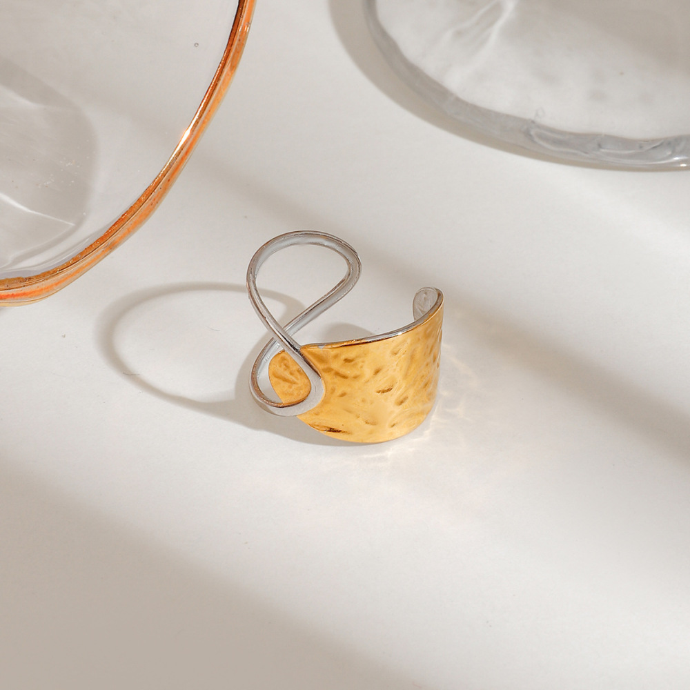 Bague Asymétrique Ajustable Pour Femme, En Acier Inoxydable Étanche, Bicolore Or Et Argent (1 Pièce). Image2