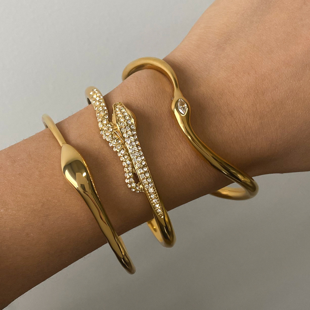 Bracelet Jonc Rétro Pour Femme, En Acier Inoxydable, Étanche, Couleur Or, Forme Serpent (1 Pièce) Image2