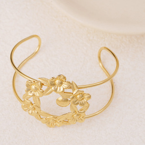 Bracelet Jonc Pour Femme, Collection Sophisticated Series, Motif Floral Naturel, Léger, En Acier Inoxydable, Étanche, Couleur Or (1 Pièce) h5 Image2