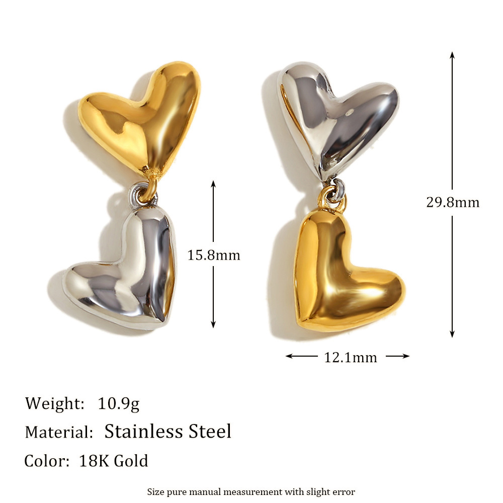 Boucles D'Oreilles Pendantes Rétro En Forme De Cœur, En Acier Inoxydable Étanche, De Couleur Or Et Argent. Image2