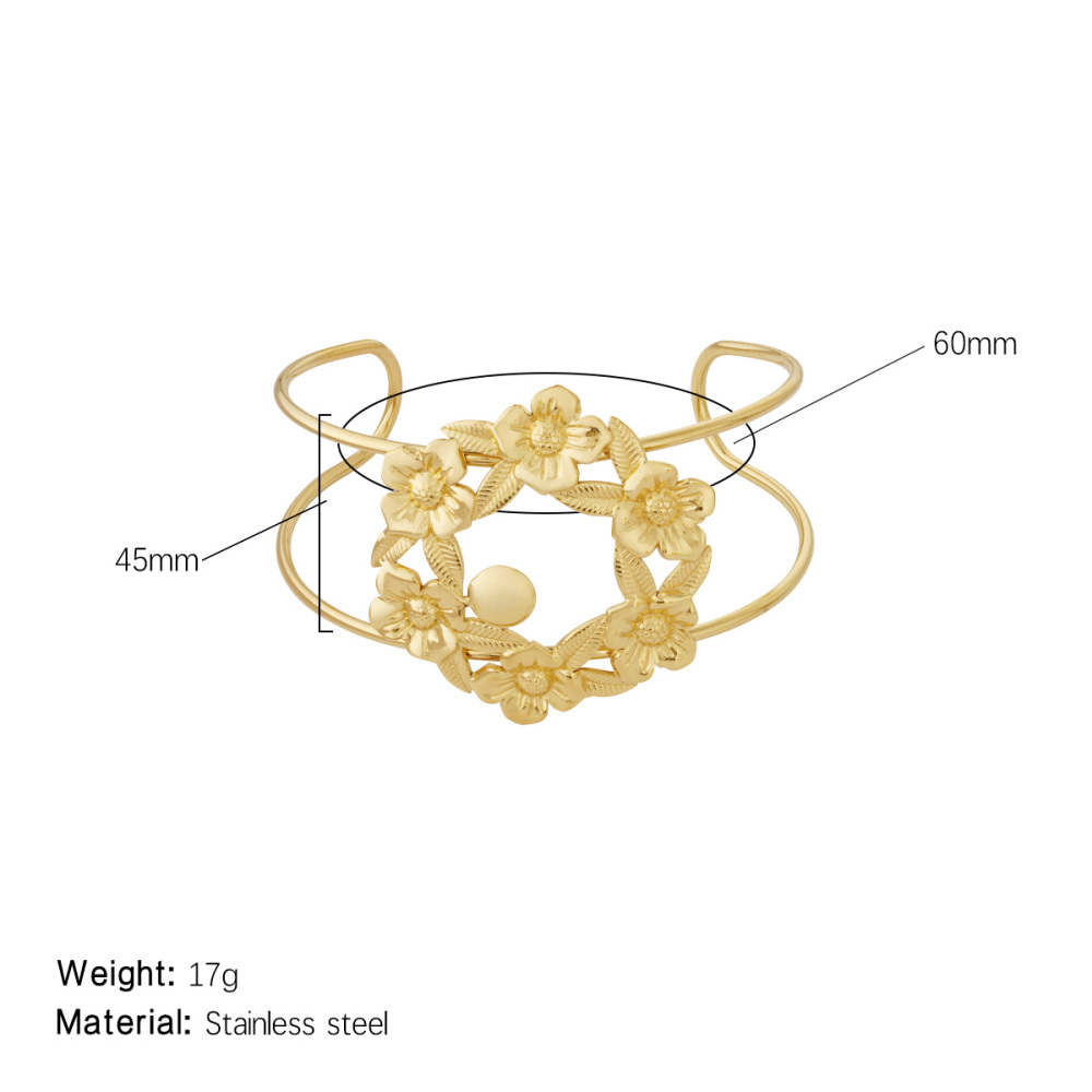 Bracelet Jonc Pour Femme, Collection Sophisticated Series, Motif Floral Naturel, Léger, En Acier Inoxydable, Étanche, Couleur Or (1 Pièce) 