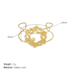 Bracelet Jonc Pour Femme, Collection Sophisticated Series, Motif Floral Naturel, Léger, En Acier Inoxydable, Étanche, Couleur Or (1 Pièce) h5 
