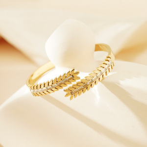 Bracelet Jonc Sophistiqué Pour Femme, En Acier Inoxydable Imperméable, Couleur Or, Motif Branche D'Olivier (1 Pièce) h5 Image2