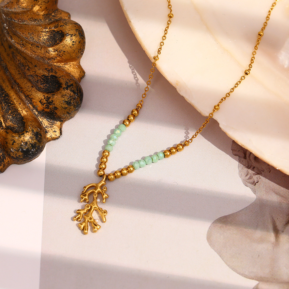 Collier Avec Pendentif En Pierre Naturelle Pour Femme, Série Simple, Style Rétro, En Acier Inoxydable, Couleur Or Image2