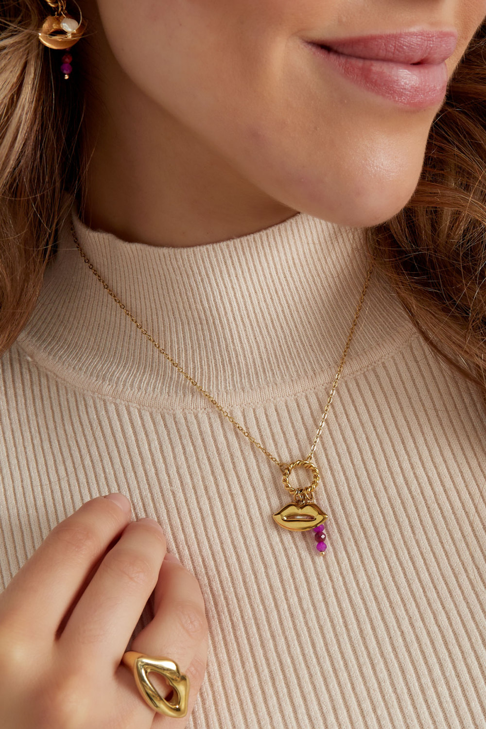 Collier Bouche Avec Perles - Doré/Violet h5Image3