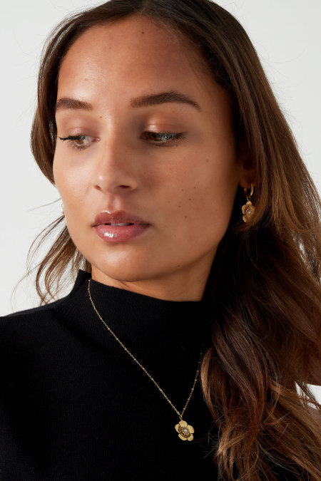 Collier boule avec pendentif fleur et perle - doré 2