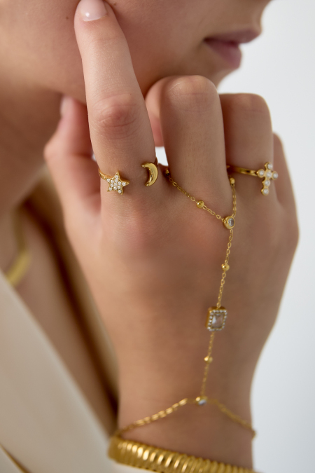 Bague ajustable avec lune et étoile brillante 2