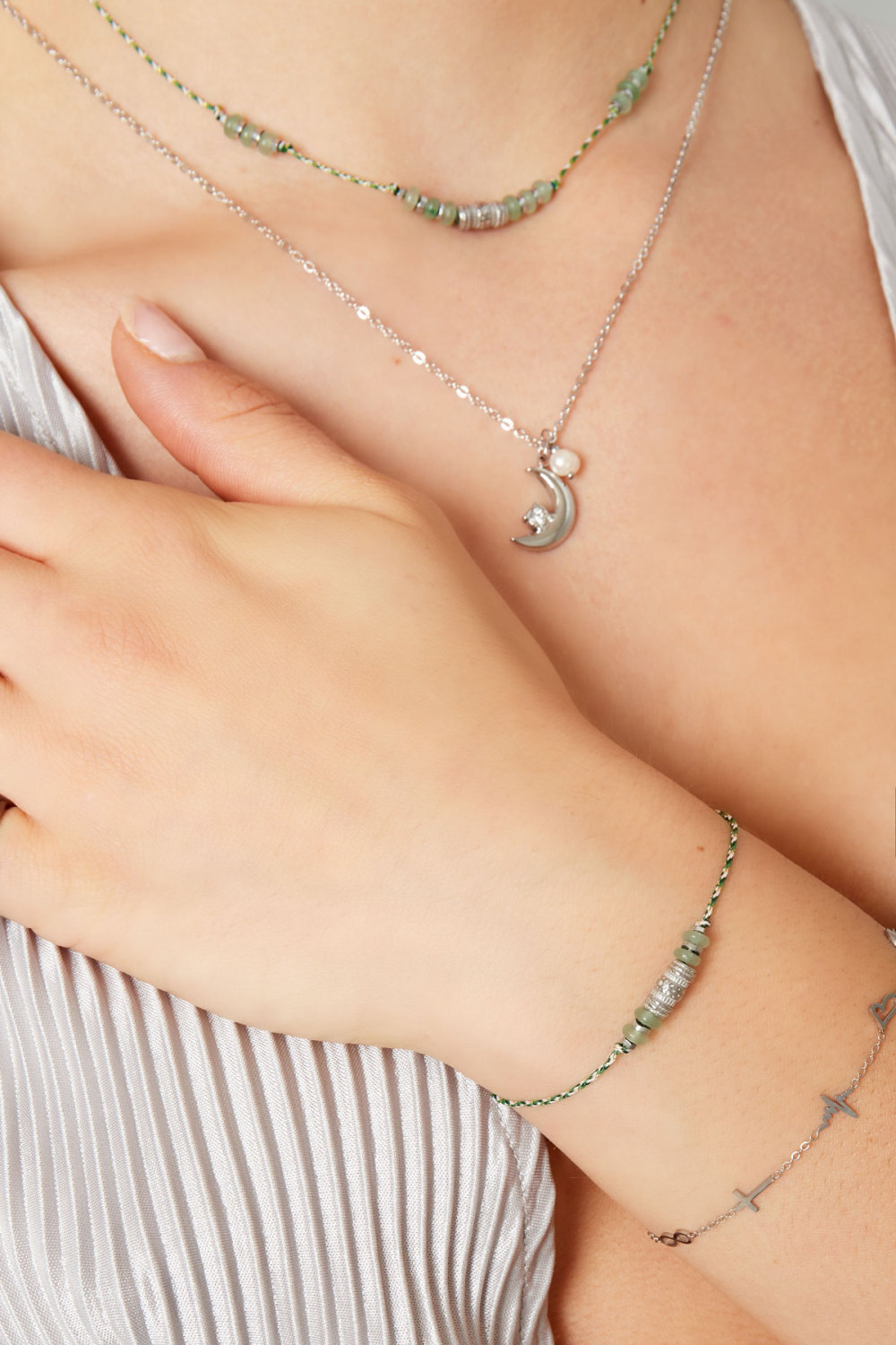 Bracelet En Satin Avec Pierres Naturelles Vert Et Argent Image2