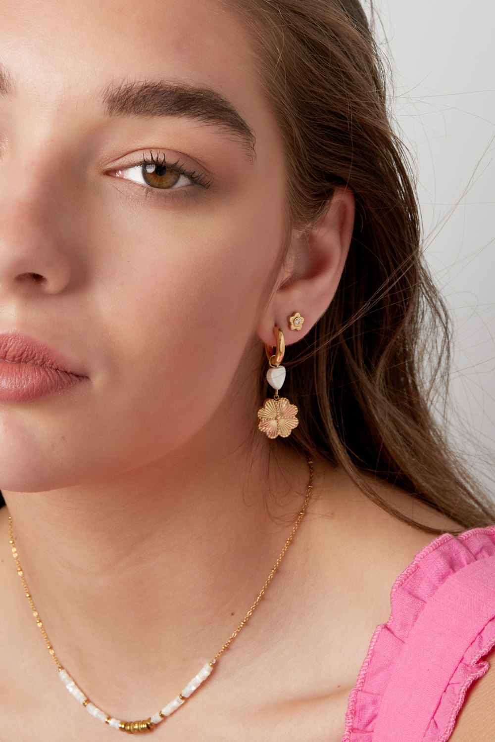 Boucles D'couleur Oreilles Avec Breloques Coeur & Fleur - Couleur Or Acier Inoxydable h5Image3