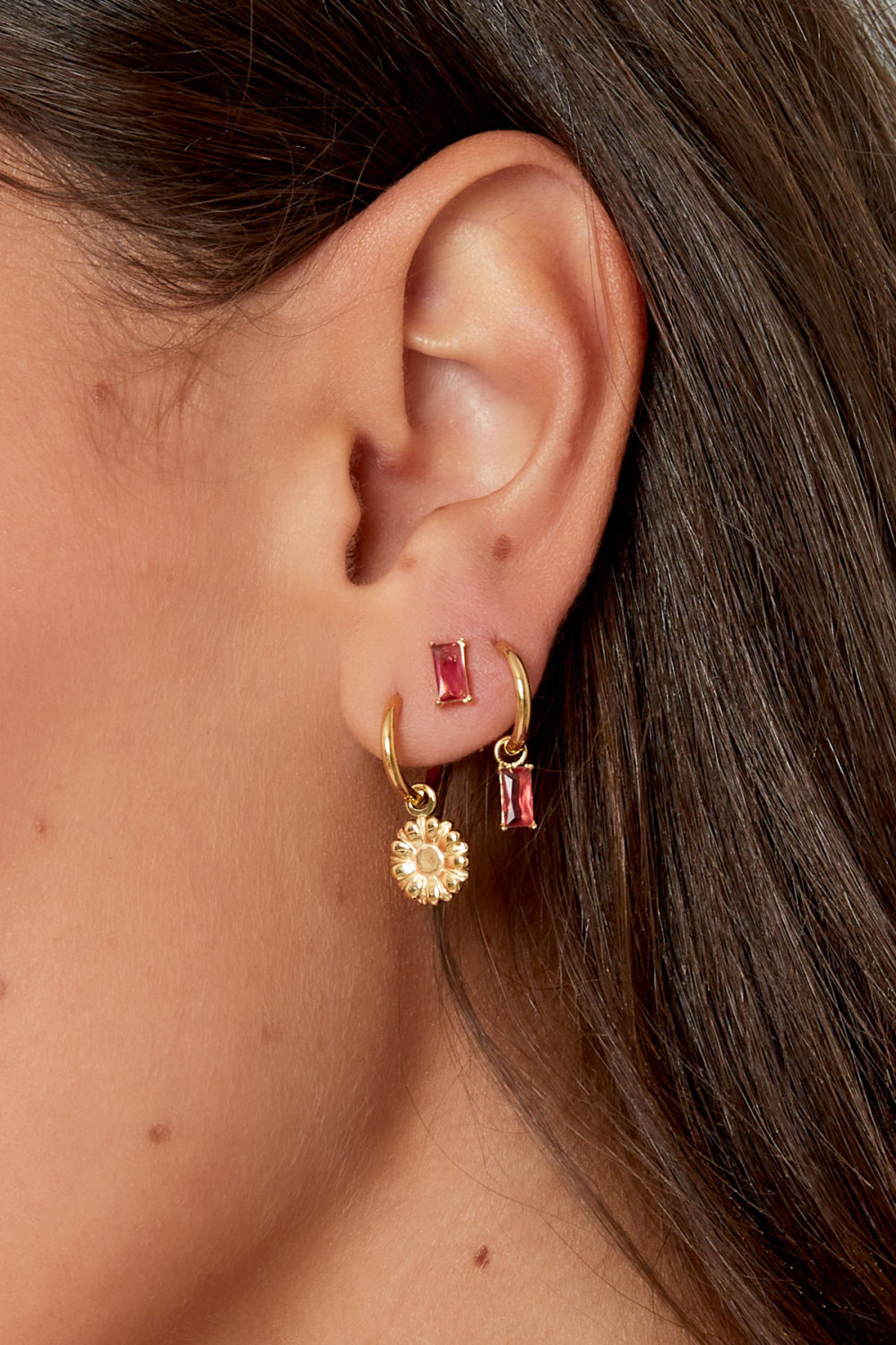 Clous D'oreilles Pierre Rectangulaire - Doré/Fuchsia h5Image3