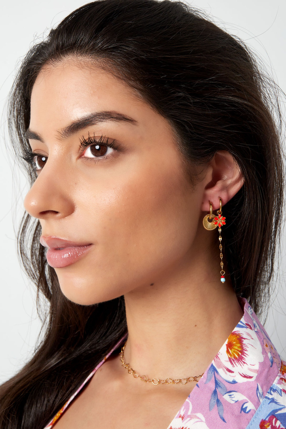 Boucle D'oreille Fleur Avec Chaine Et Perles Rouge h5Image2