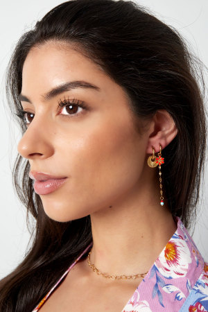 Boucle D'oreille Fleur Avec Chaine Et Perles Rouge h5 Image2