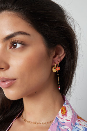 Boucle D'oreille Fleur Avec Chaine Et Perles Rouge h5 Image4
