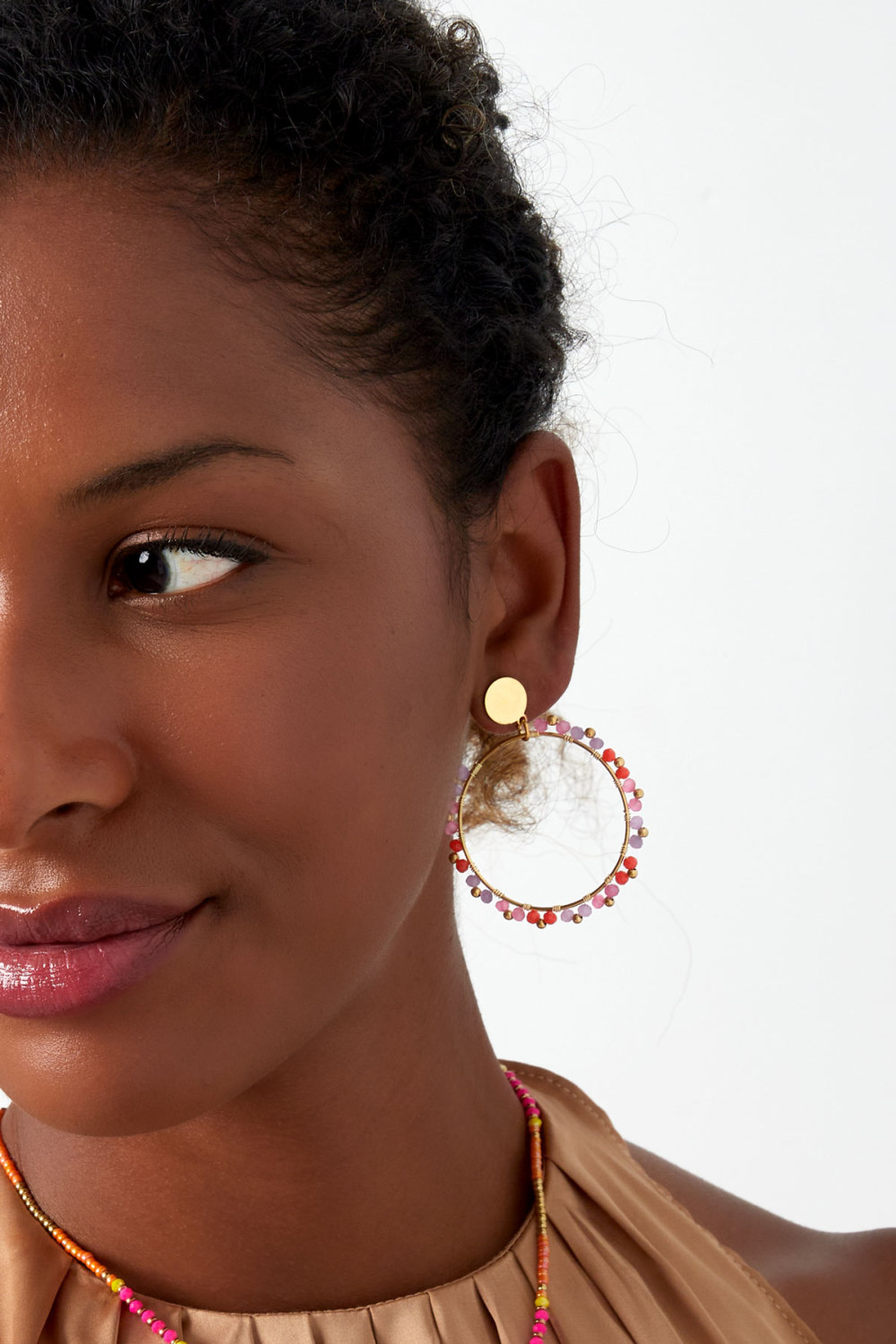 Boucles D'oreilles Perles Rondes - Doré/Orange h5Image3