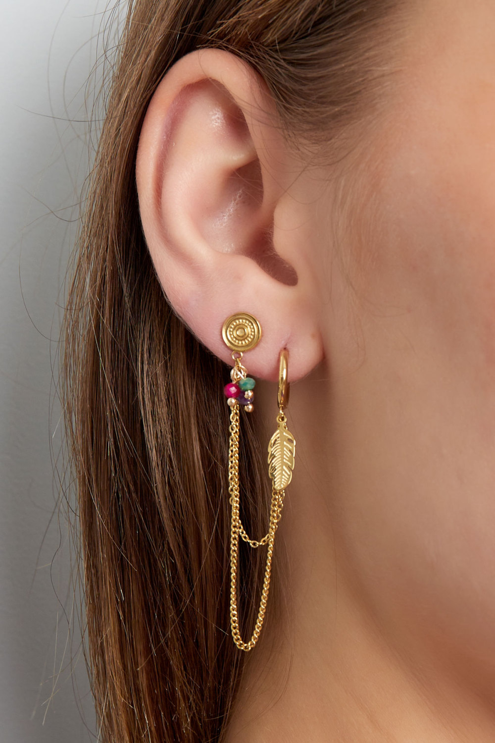Boucle D'oreille Avec Puces Perles Et Plume - Dorée Image3