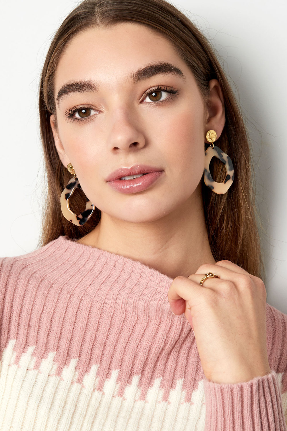 Boucles D'couleur Oreilles Esthétiques Avec Imprimé - Camel/Couleur Or h5Image2