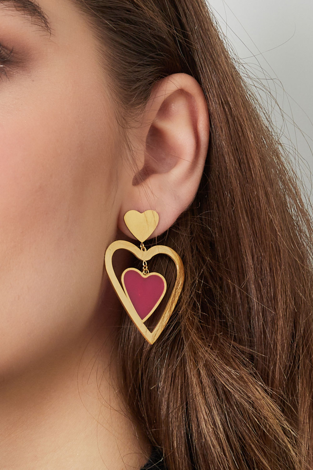Boucles D'oreilles Double Coeur - Doré/Rose Image3