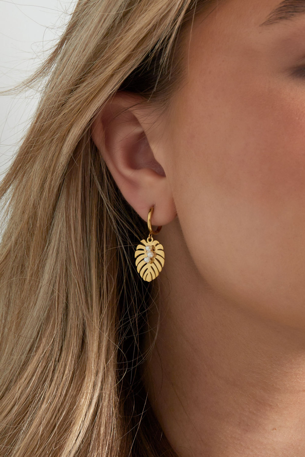 Boucles D'oreilles Feuille Perle Amour - Doré h5Image3