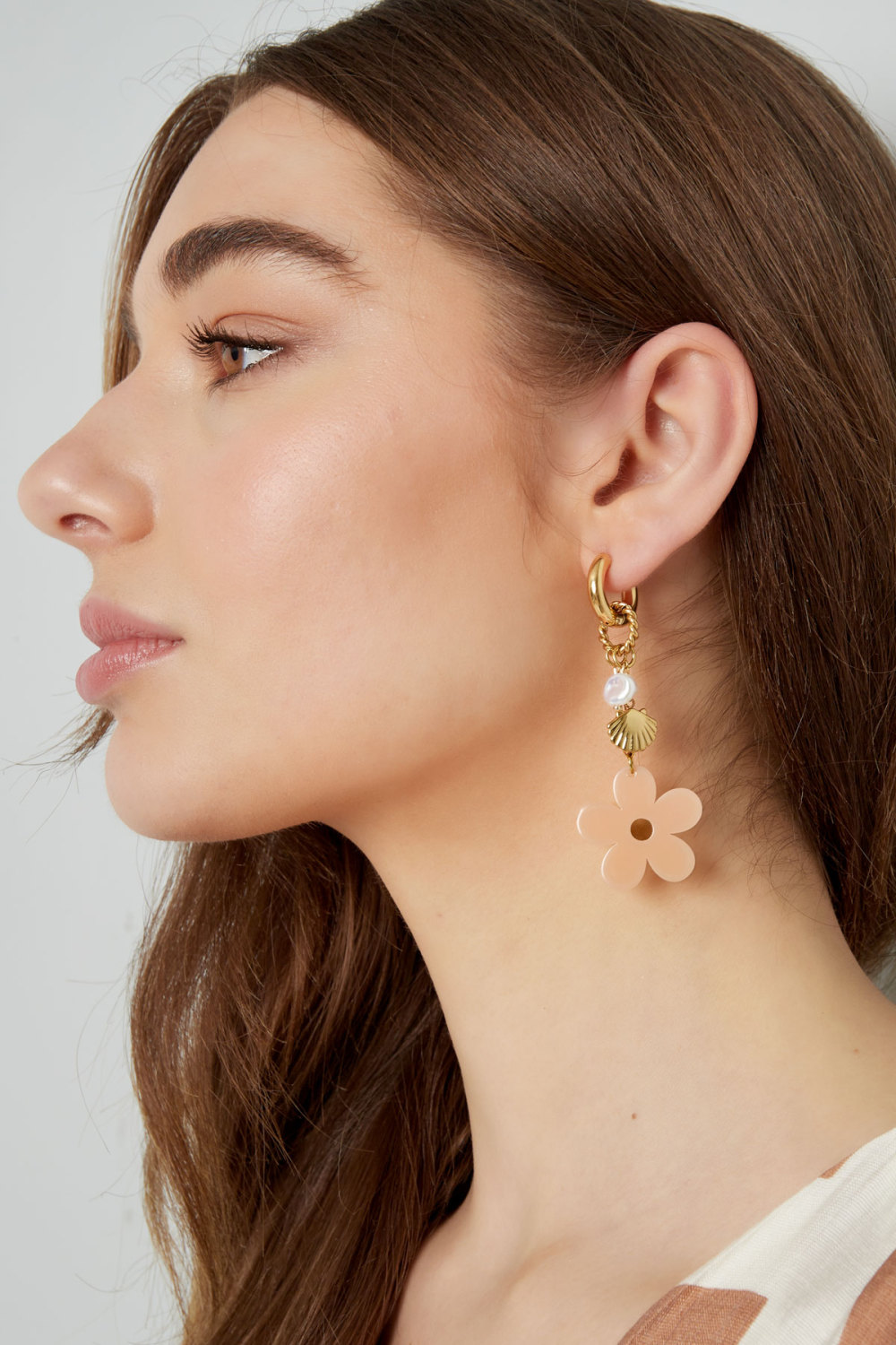 Boucles D'oreilles Ambiance Florale - Beige Doré h5Image4