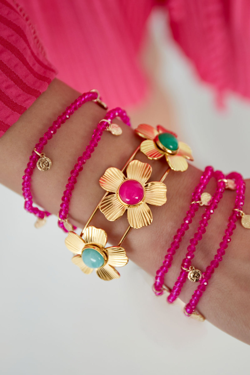 Bracelet Bohème Fleurs Pierres - Doré h5Image2