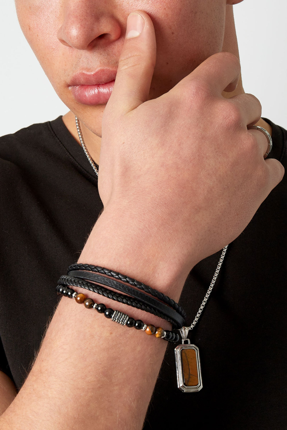 Bracelet Homme Double Tressé Avec Perles - Argent/Noir h5Image3