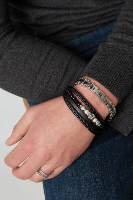 Bracelet double homme tressé perles et breloque tête de mort - marron/noir 2