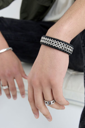 Bracelet Homme Avec Cuir - Argent Noir h5 Image4