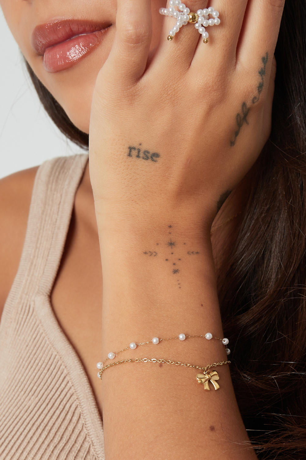 Bracelet Double Avec Noeud Et Perles - Doré  Image2