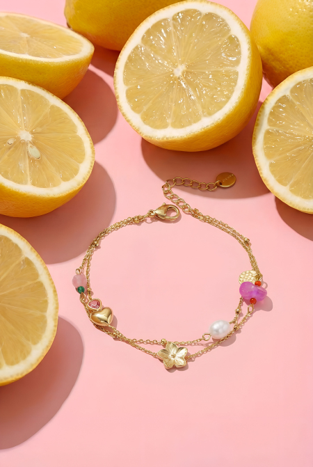 Bracelet à breloques avec cœur, fleur, perle et perles 2
