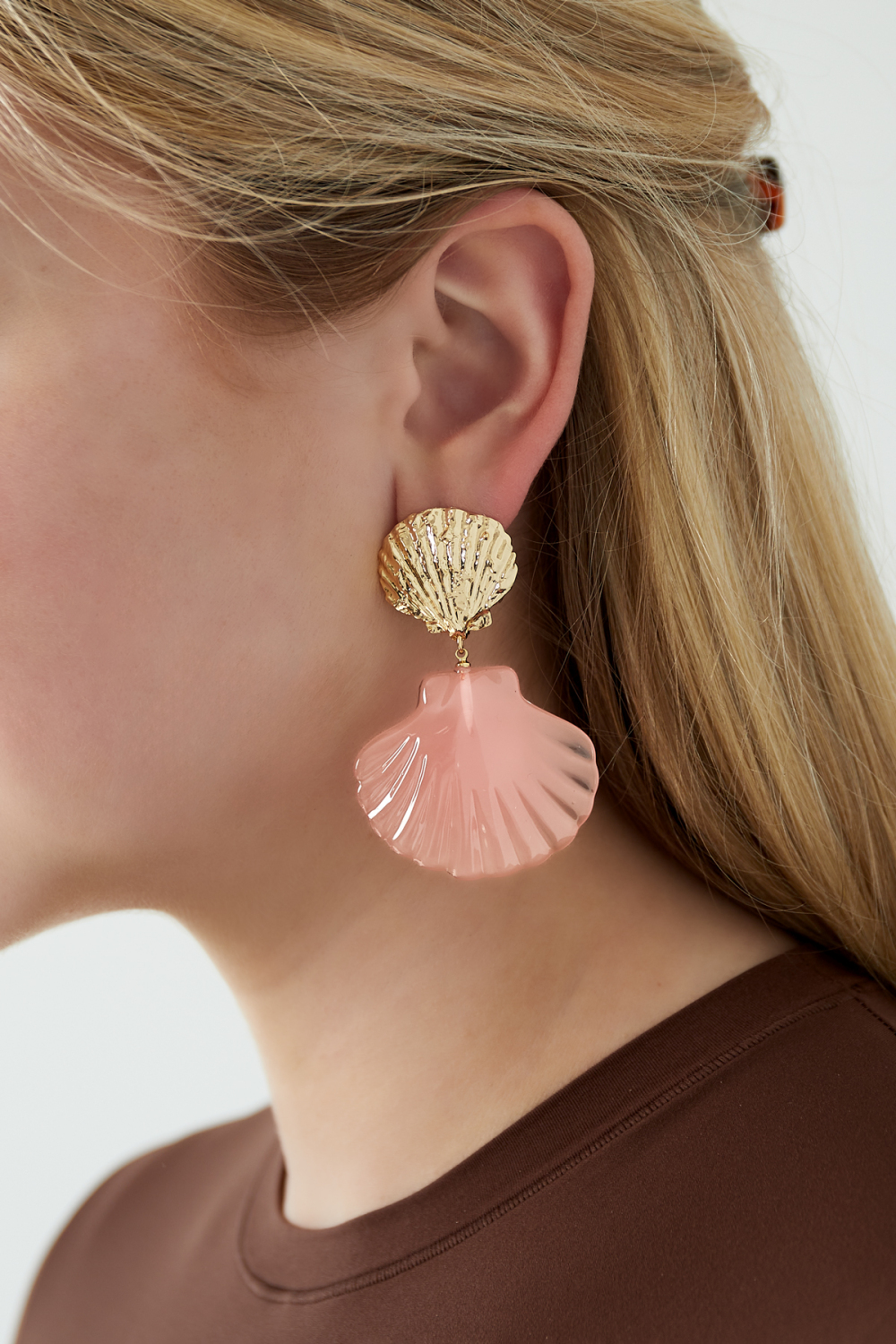 Boucles D'oreilles Coquillage Rose - Couleur Rose Et Or h5Image2