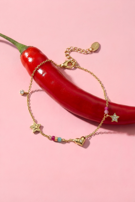 Bracelet à breloques avec cœur, étoile, pierres et perles 2