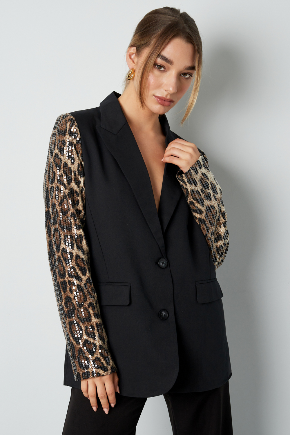 Ensemble De Costume Femme En Polyester Blazer À Manches Imprimé Léopard Paillettes Image4